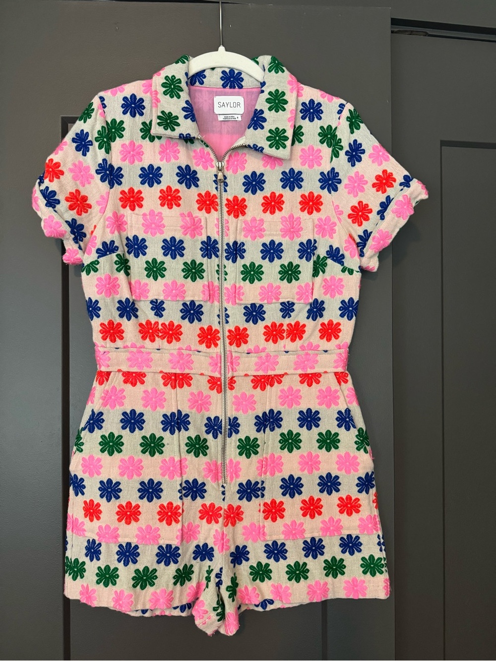 SAYLOR Pink Floral Zip Short Romper with Multicolor Daisies